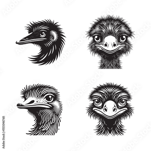 4 Set of Black Emu Face Silhouettes Isolated on White Background