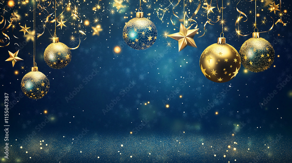 Fototapeta premium Golden and blue Baubles and Stars Hanging Against a Glittering Blue Background
