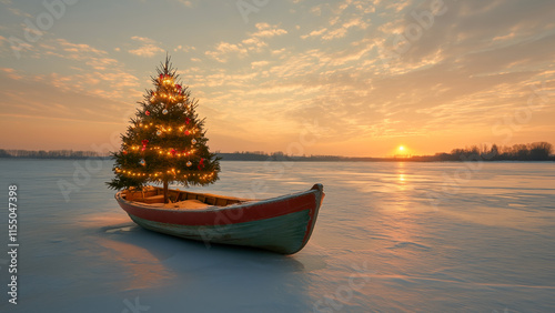 A beautifully decorated Christmas tree located on an old boat placed in the middle of a frozen ocean, with warm and vivid colors in the spirit of New Year photo