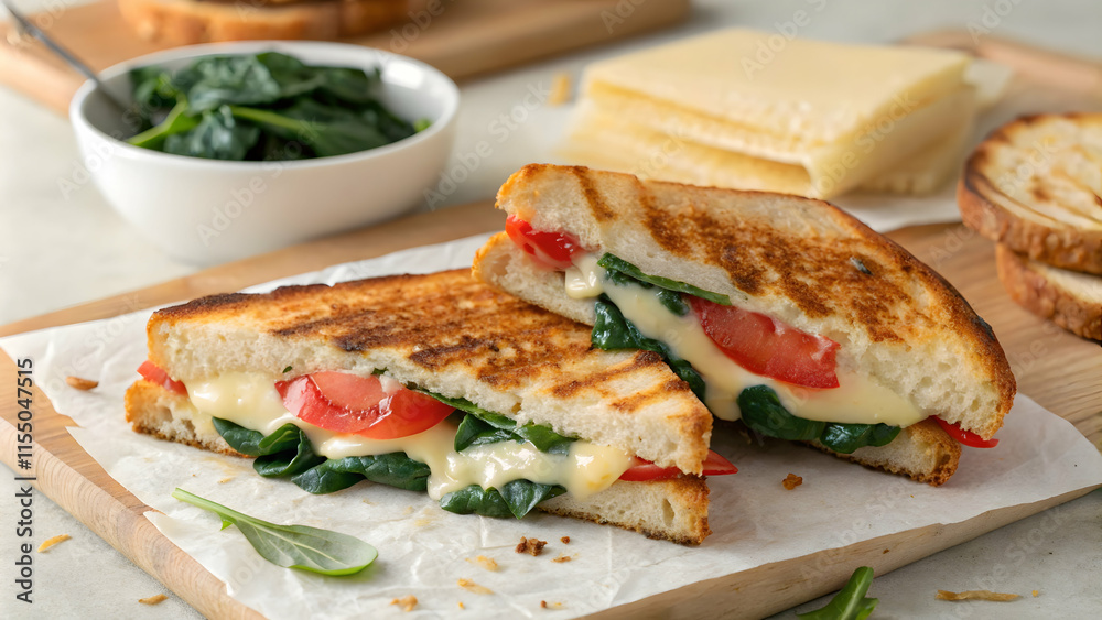 Grilled Cheese Sandwich with Spinach and Tomatoes on Dark Surface Grilled Cheese Sandwich with Spinach and Tomatoes on Dark Surface