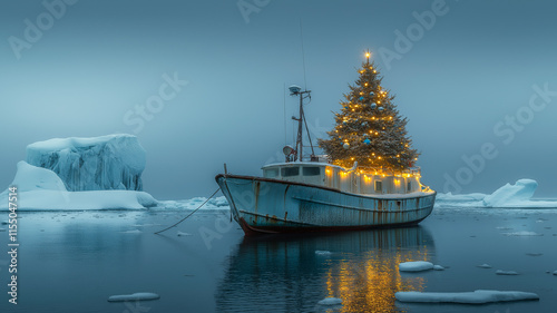 A beautifully decorated Christmas tree located on an old boat placed in the middle of a frozen ocean, with warm and vivid colors in the spirit of New Year photo