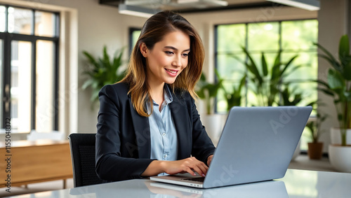 Businesswoman at Work: Confident Woman Using Laptop in Office