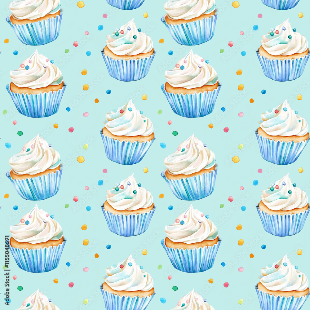 Spring seamless pattern of watercolor cupcakes food design creative art light blue background whimsical concept Spring seamless pattern of watercolor cupcakes food design creative art light blue background whimsical concept