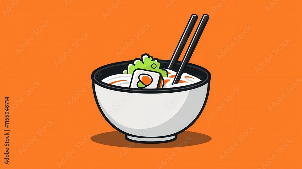 Appetizing Bowl of Japanese Ramen Noodle Soup with Chopsticks on Orange Background Appetizing Bowl of Japanese Ramen Noodle Soup with Chopsticks on Orange Background