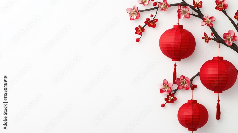 Fototapeta premium Decorative red lanterns with cherry blossoms on a white background.