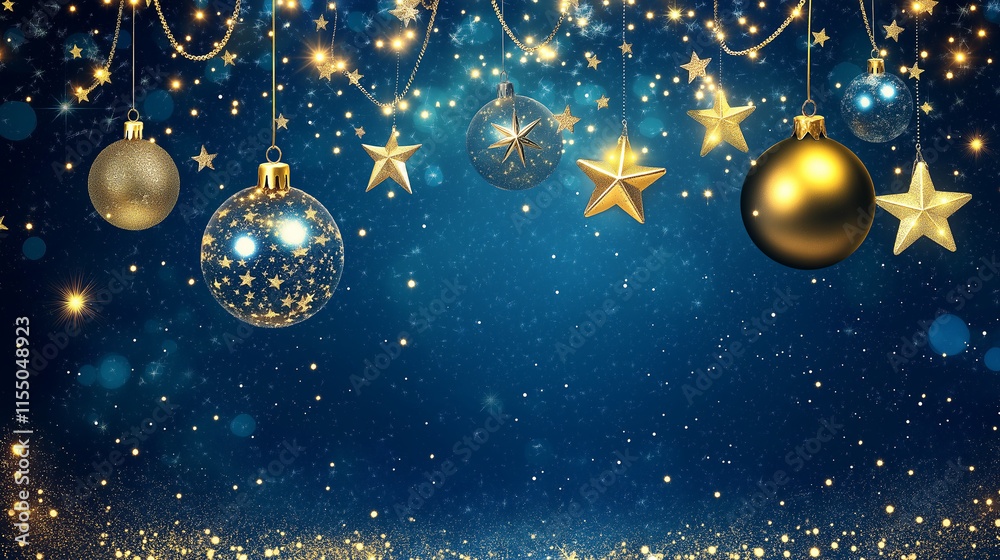 Golden new year Ornaments and Stars on a Sparkling Blue Background Golden new year Ornaments and Stars on a Sparkling Blue Background