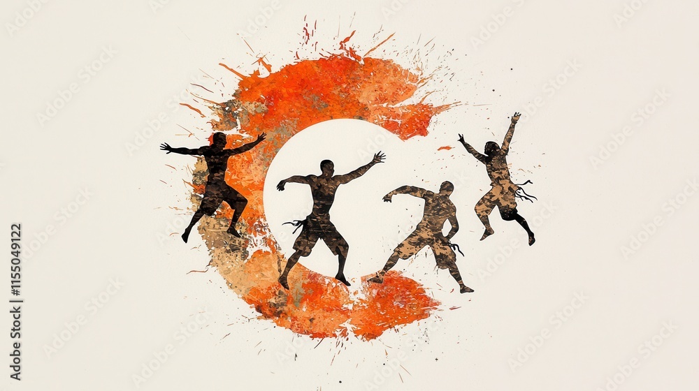 Naklejka premium Silhouetted Figures Leaping Against Vibrant Sunset Sky