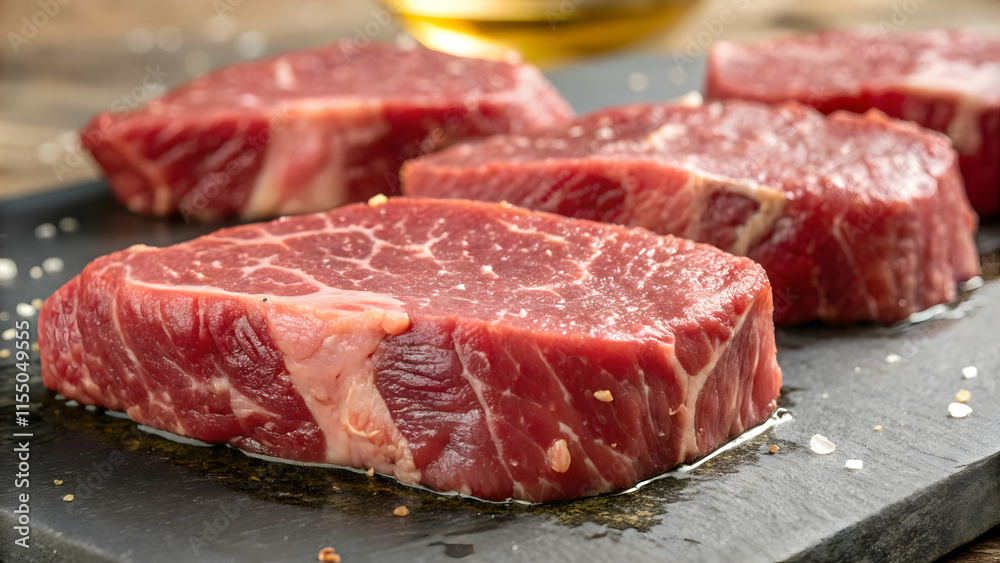 Raw Beef Steaks with Marbling and Coarse Salt on Black Surface Raw Beef Steaks with Marbling and Coarse Salt on Black Surface