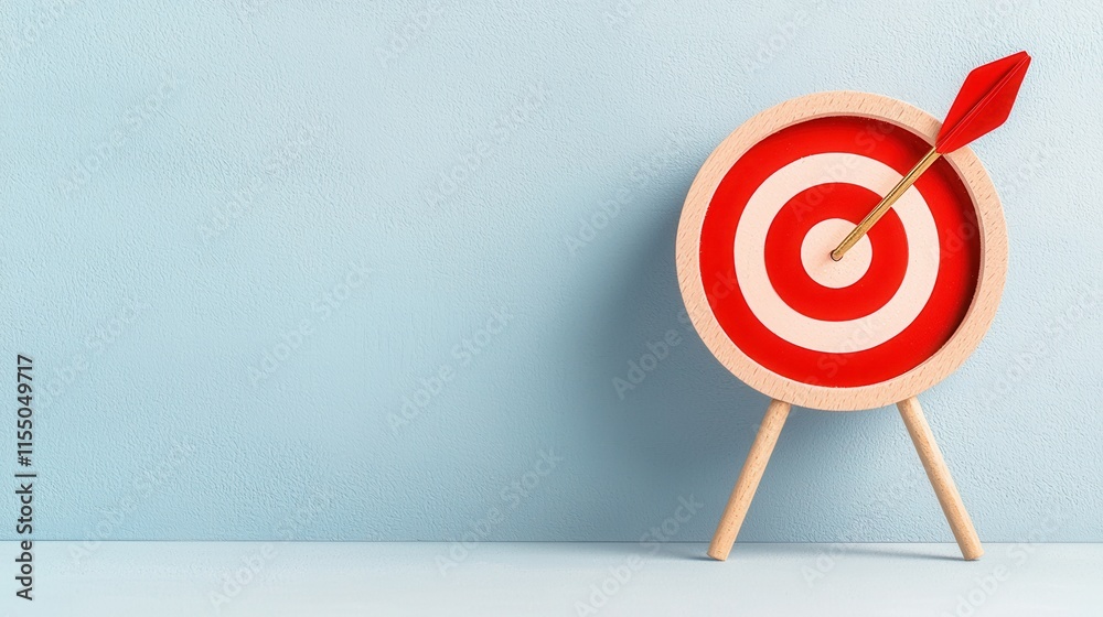 Red Archery Target with Arrow Aiming at Bullseye on Wooden Stand Red Archery Target with Arrow Aiming at Bullseye on Wooden Stand