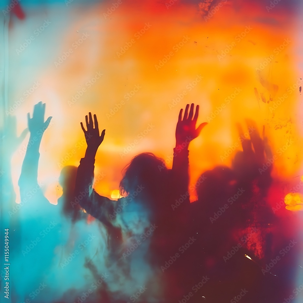 Silhouette of crowds with raised hands enjoy a dazzling illumination show Silhouette of crowds with raised hands enjoy a dazzling illumination show
