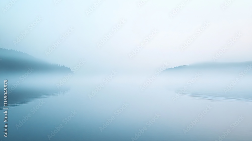 Obraz premium Tranquil Mist Over Calm Water Surrounded by Gentle Hills at Dawn