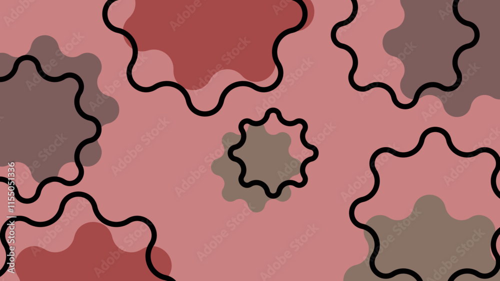Abstract illustration with wavy organic shaped patterns, using a combination of pink, red, brown, and gray with thick black lines surrounding the shapes. This design creates a modern and dynamic impre Abstract illustration with wavy organic shaped patterns, using a combination of pink, red, brown, and gray with thick black lines surrounding the shapes. This design creates a modern and dynamic impre