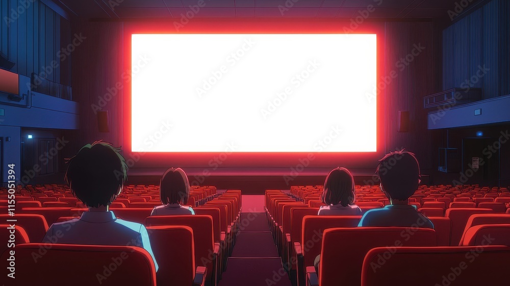 Obraz premium People in the cinema auditorium with Cinema blank wide screen and red chairs in the cinema hall,People silhouettes watching movie performance,empty white screen,space for text.