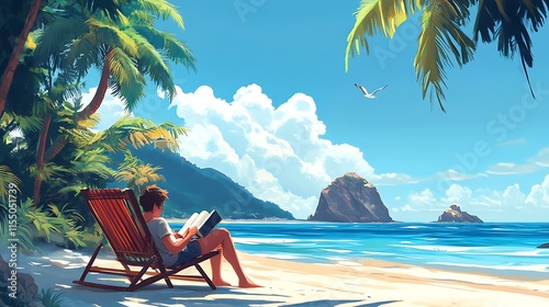 A person reading a book while lounging on a beach chair by the ocean