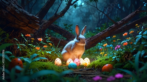 A bunny hiding eggs in a mystical forest with glowing flowers, holiday promo poster Easter sale banner background, vibrant colors, romantic love and harmony photo