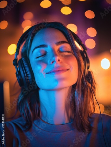 Wallpaper Mural A young woman with headphones on, smiling softly, vibrant lighting, blurred modern music studio background, Torontodigital.ca