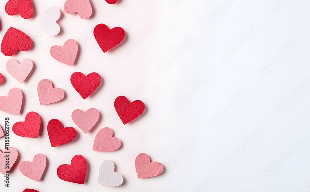 Colorful wooden hearts scattered on a pastel background Colorful wooden hearts scattered on a pastel background