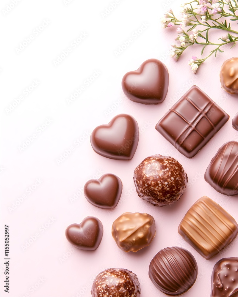 Assorted gourmet chocolates with delicate flowers on pink background Assorted gourmet chocolates with delicate flowers on pink background