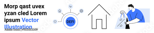 Digital finance concept featuring decentralized finance DEFI network, house symbolizing loan, and person shopping online. Ideal for fintech, blockchain, home loans, online services, e-commerce