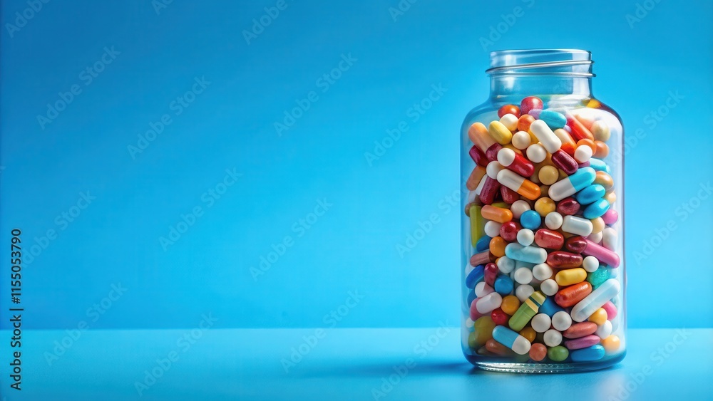 Glass bottle filled with brightly colored pills and capsules on blue background , medication, pharmaceutical, vitamins Glass bottle filled with brightly colored pills and capsules on blue background , medication, pharmaceutical, vitamins