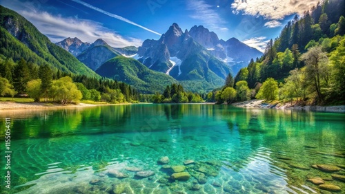 Crystal clear waters of Most na Soci Lake with Julian Alps in the background , Slovenia