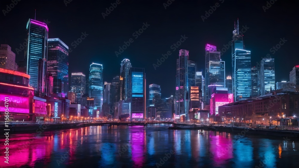 Bright City Skyline Reflecting on the River at Night With Colorful Lights and Modern Architecture Bright City Skyline Reflecting on the River at Night With Colorful Lights and Modern Architecture