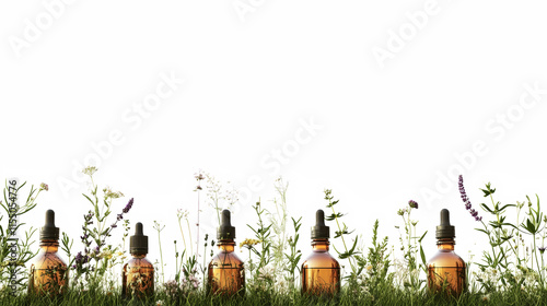 Essential oil bottles surrounded by wild herbs and flowers in a tranquil natural setting for aromatic inspiration photo