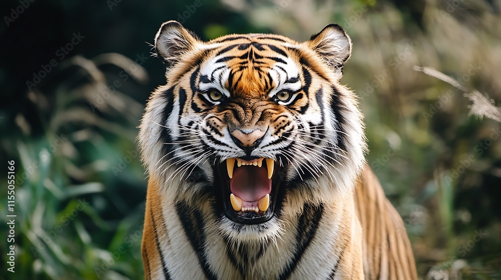 Fototapeta premium Fierce Tiger Roaring. Powerful Wildlife Portrait.