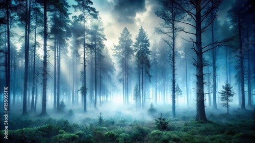 Fototapeta Naklejka Na Ścianę i Meble -  Eerie forest filled with fog creating a haunting ambiance, haunting, forest, fog, atmosphere, spooky, eerie, decoration, trees