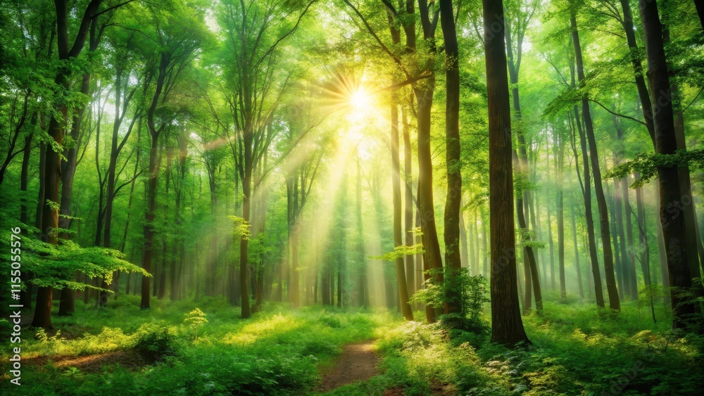 A beautiful nature background featuring a lush green forest with sunlight filtering through the trees, forest, sun rays A beautiful nature background featuring a lush green forest with sunlight filtering through the trees, forest, sun rays