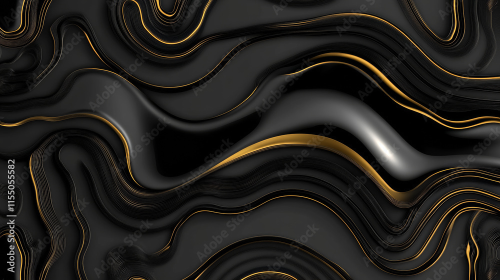 Fototapeta premium Sleek black and gold abstract background with flowing curves and waves