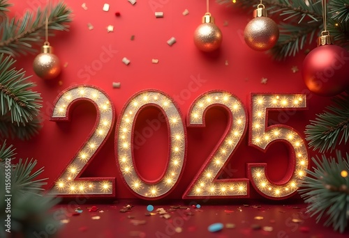 New Year 2025 Bokeh Gold Glitter. 3D illustration 