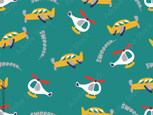 CUTE DOODLE HELICOPTER CHOPPER AND GLIDER SEAMLESS PATTERN ON BLUE BACKGROUND, TRANSPORT SEAMLESS PATTERN IN VECTOR