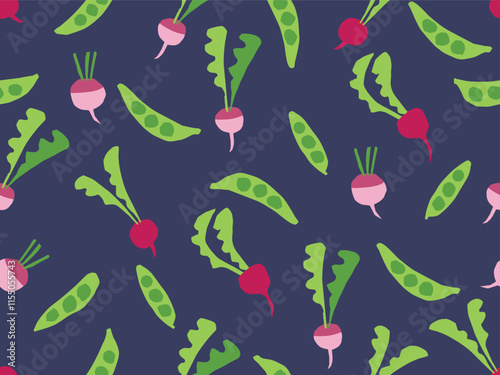 SEAMLESS DOODLE VEGETABLE PATTERN WITH GREEN PEAS, BEETROOT AND TURNIP. IDEAL FOR BABY OUTFITS, NIGHTWEAR, SLEEPWEAR, PAJAMAS SEAMLESS VEGETABLE PATTERN IN VECTOR