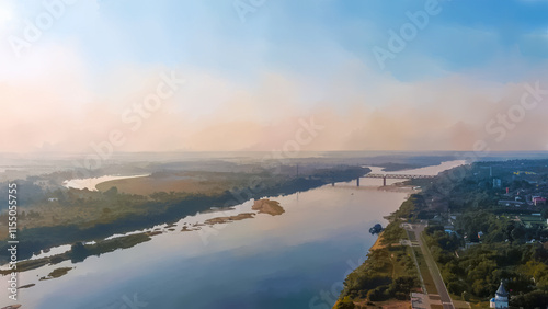 Murom, Russia. Watercolor illustration. Oka River, Floodplain. Railway bridge across the Oka River, Aerial View photo