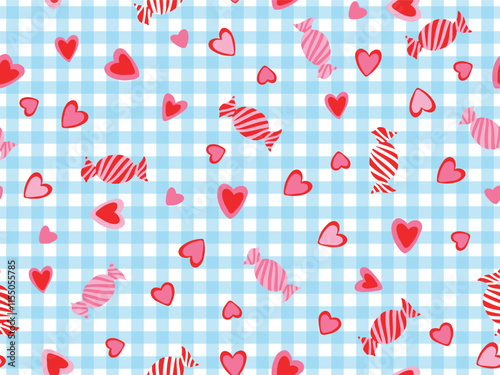 SEAMLESS DOODLE HEART AND CANDY PATTERN ON GINGHAM CHECK BACKGROUND. IDEAL NIGHTWEAR, SLEEPWEAR WOMENS LINGERIES. SEAMLESS HEART PATTERN IN VECTOR