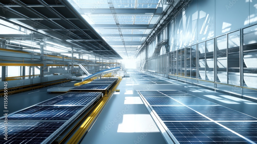 Fototapeta premium Modern Solar Panel Warehouse with Bright Natural Light and Clean Design