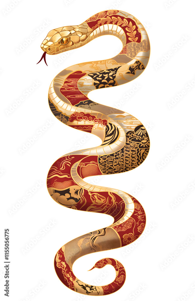 Chinese New Year 2025 zodiac symbol, black snake with golden skin pattern in style of traditional Asian oriental art. Isolated clipart element on white background. Chinese New Year 2025 zodiac symbol, black snake with golden skin pattern in style of traditional Asian oriental art. Isolated clipart element on white background.
