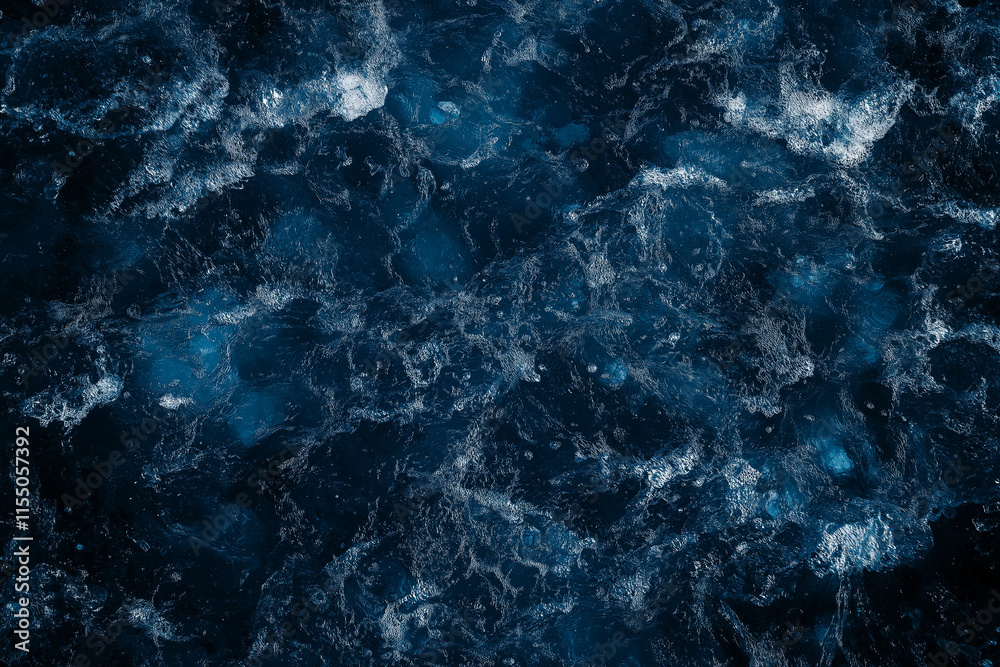 Naklejka premium De-focused transparent dark blue colored clear calm water surface texture with splashes and bubbles. Trendy abstract nature background. Water waves in sunlight with copy space