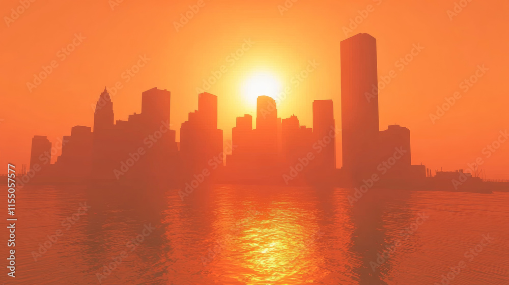 Fototapeta premium stunning futuristic city skyline at sunset, reflecting on water