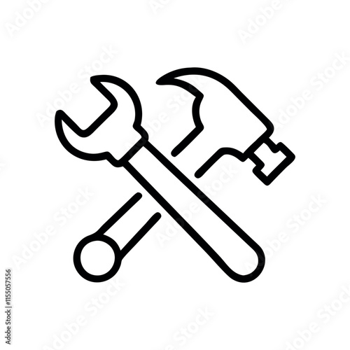 Crossed Wrench and Hammer Icon, Representing Maintenance or Repair. Hammer and wrench icon. Wrench and hammer. Tools icon isolated on white background.