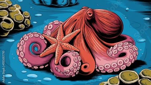 Illustration of a red octopus wrapped around a shipwreck in the calm blue sea under a clear horizo photo