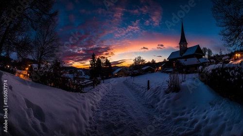 Picturesque Snowy Village at Sunset with Church photo