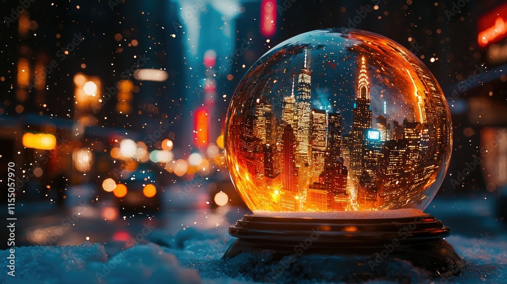 A snow globe capturing a snowy cityscape with glowing skyscrapers and festive atmosphere. A snow globe capturing a snowy cityscape with glowing skyscrapers and festive atmosphere.