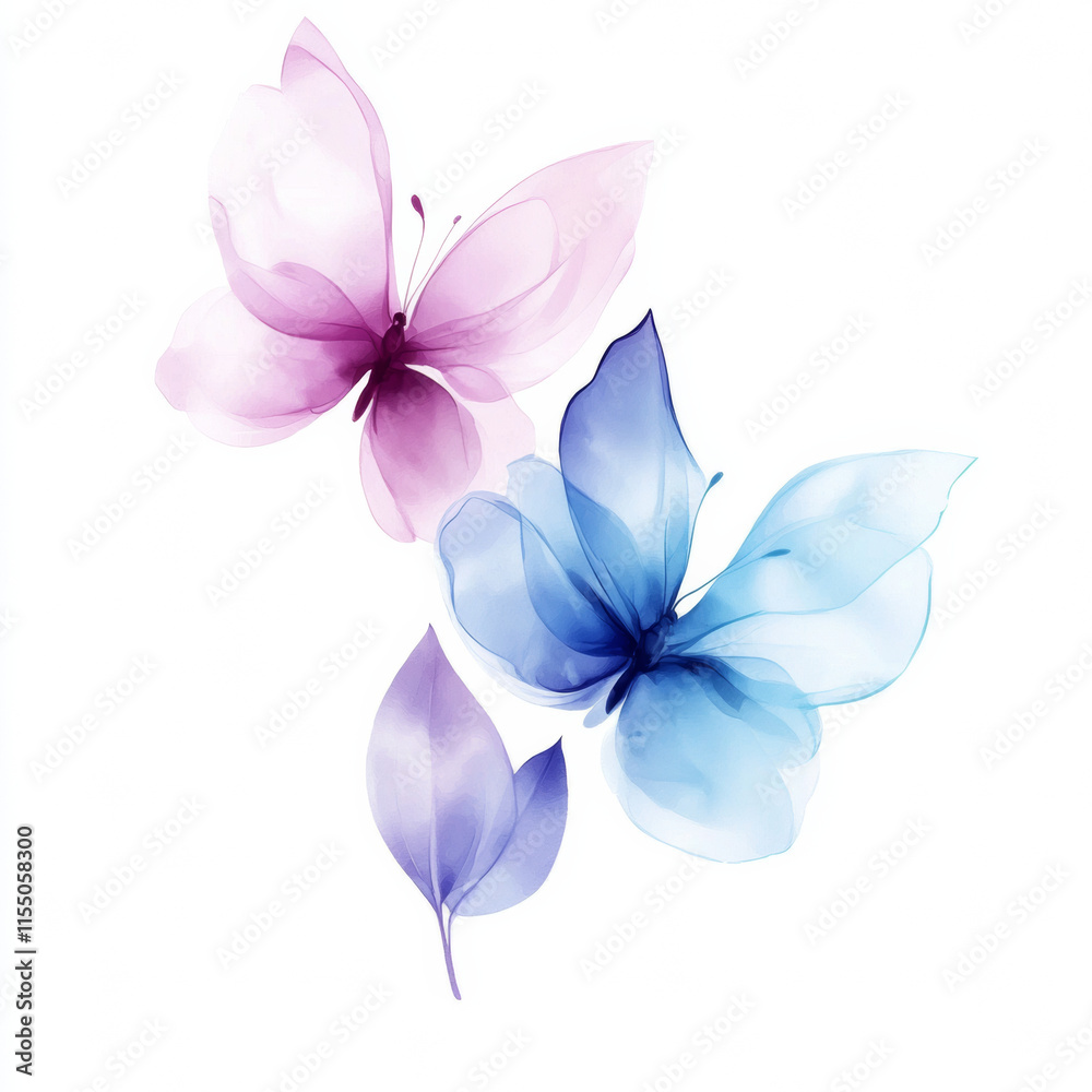 Delicate watercolor butterflies in soft pink and blue hues, evoking tranquility Delicate watercolor butterflies in soft pink and blue hues, evoking tranquility