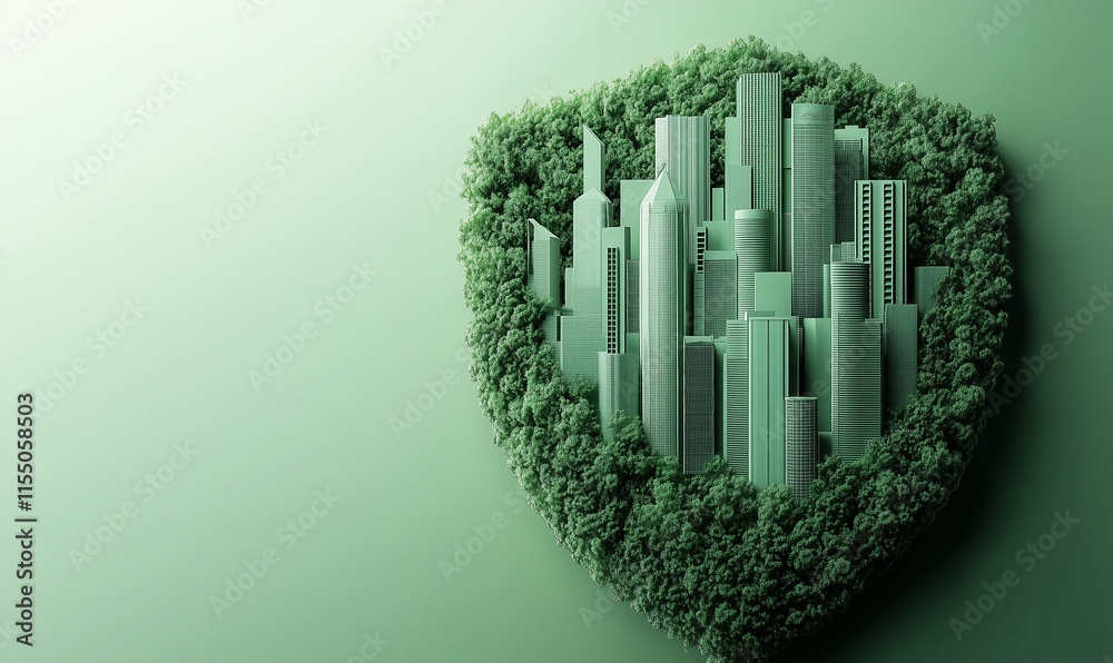 Green shield featuring a city skyline intertwined with foliage, symbolizing urban sustainability and eco-friendly architecture. Green shield featuring a city skyline intertwined with foliage, symbolizing urban sustainability and eco-friendly architecture.