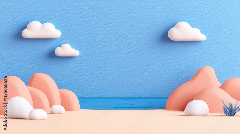 Fototapeta premium Minimalist Pastel Seascape with Clouds and Waves on Sandy Beach