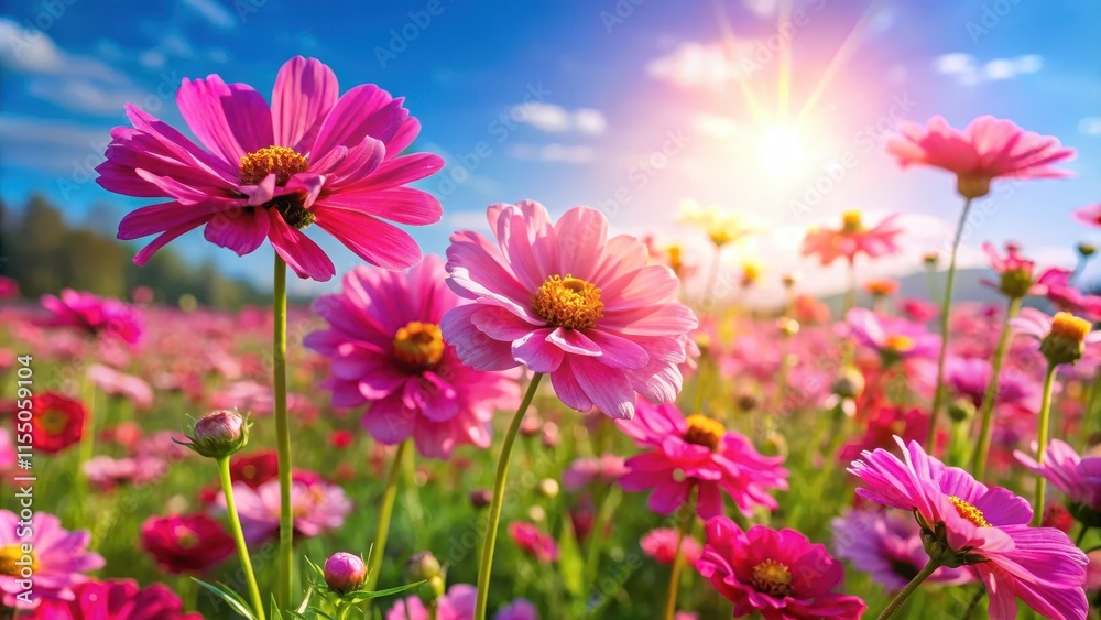 A field of vibrant pink flowers swaying gently in the breeze on a warm sunny day A field of vibrant pink flowers swaying gently in the breeze on a warm sunny day