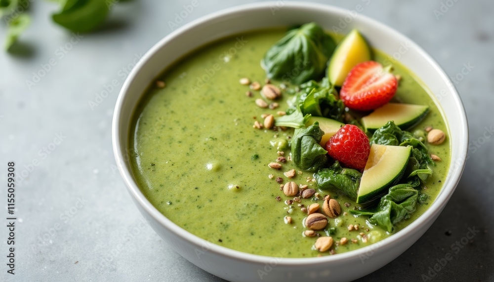 Healthy green smoothie bowl with strawberries and spinach Healthy green smoothie bowl with strawberries and spinach