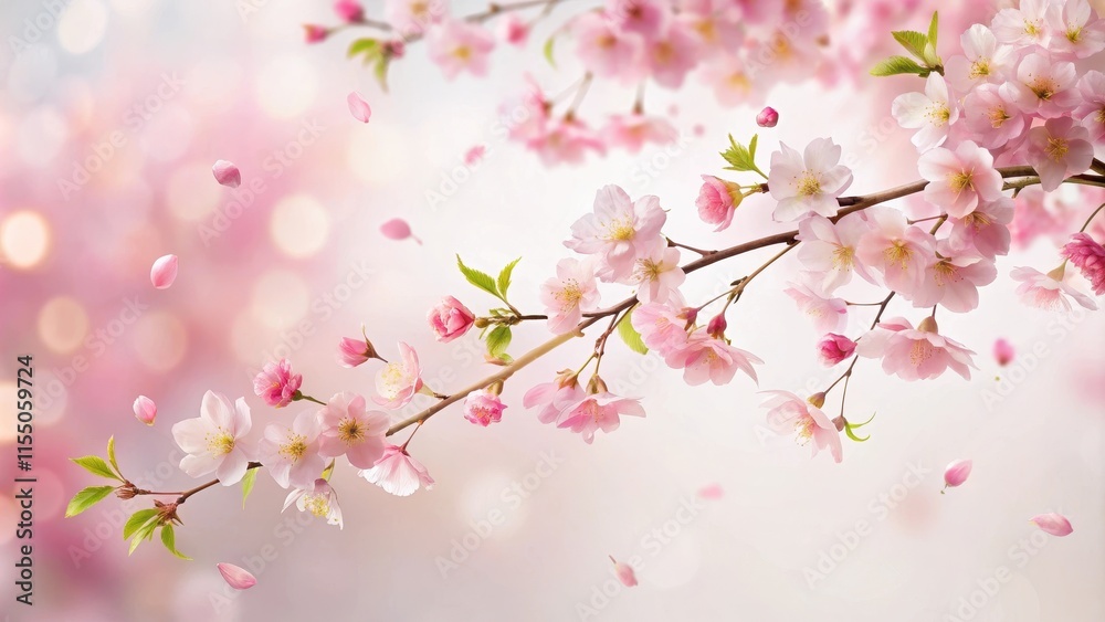 Soft pink sakura petals gently fall from a delicate branch against a soft white background , pink sakura petals falling background, spring scene Soft pink sakura petals gently fall from a delicate branch against a soft white background , pink sakura petals falling background, spring scene